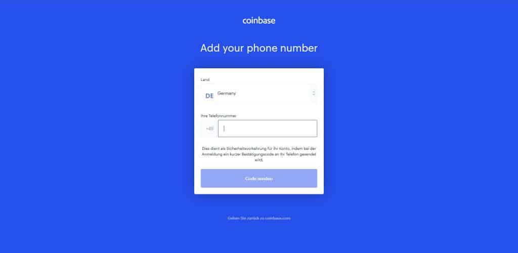 Coinbase - Angabe der Telefonnummer