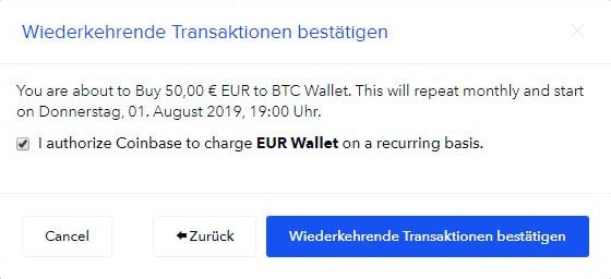 Coinbase - Wiederkehrende Transaktion bestätigen