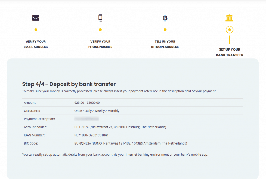 Bittr - Bankdaten für den Bitcoin Kauf per SEPA Dauerauftrag