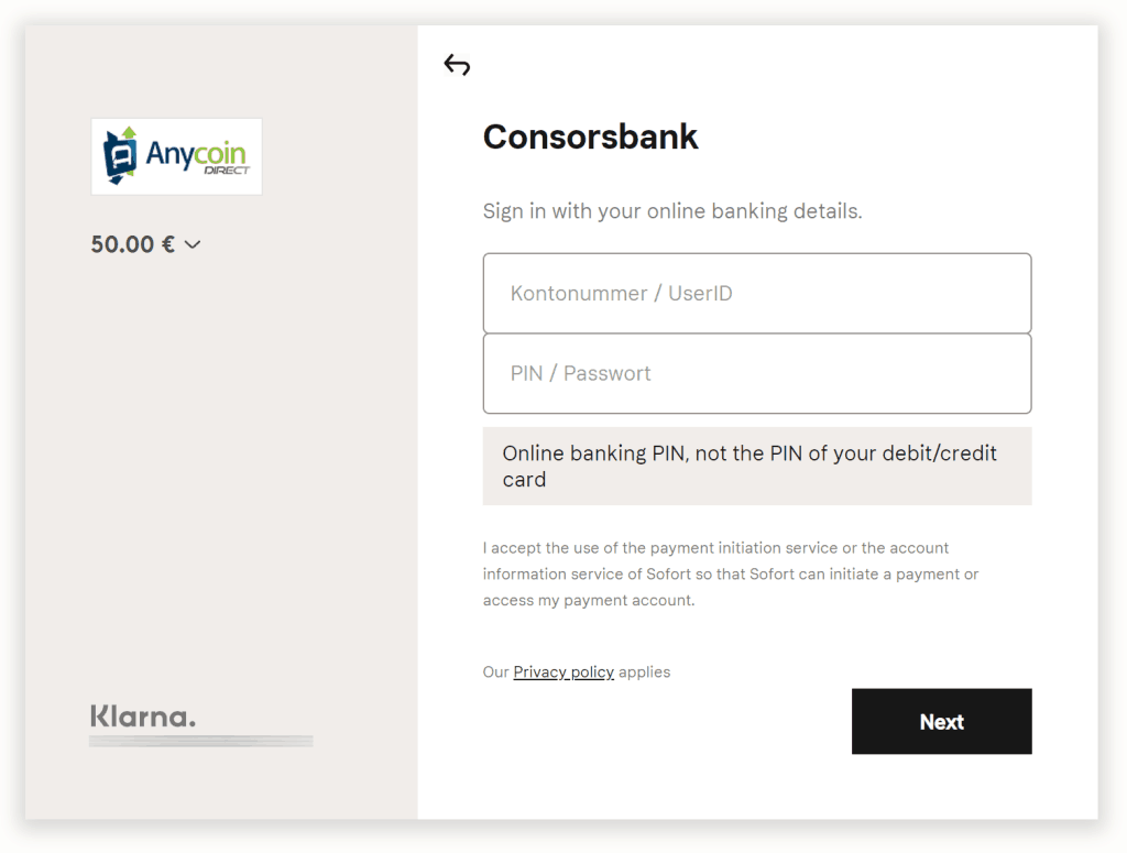 AnycoinDirect.eu - Mit Bankdaten anmelden